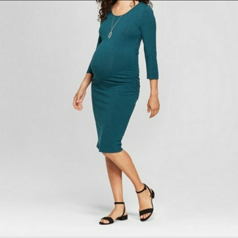 Isabel Maternity 3/4 Sleeve Round Neck T-Shirt Maternity Dress Green Sizโฆ